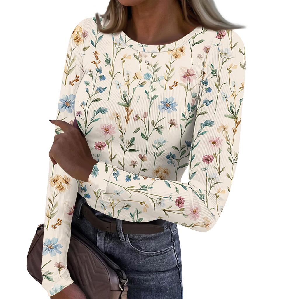 Women Casual Crew Neck Long Sleeve Ribbed Top with All Over Floral Print Lightweight Pullover Blouse for Daily Wear