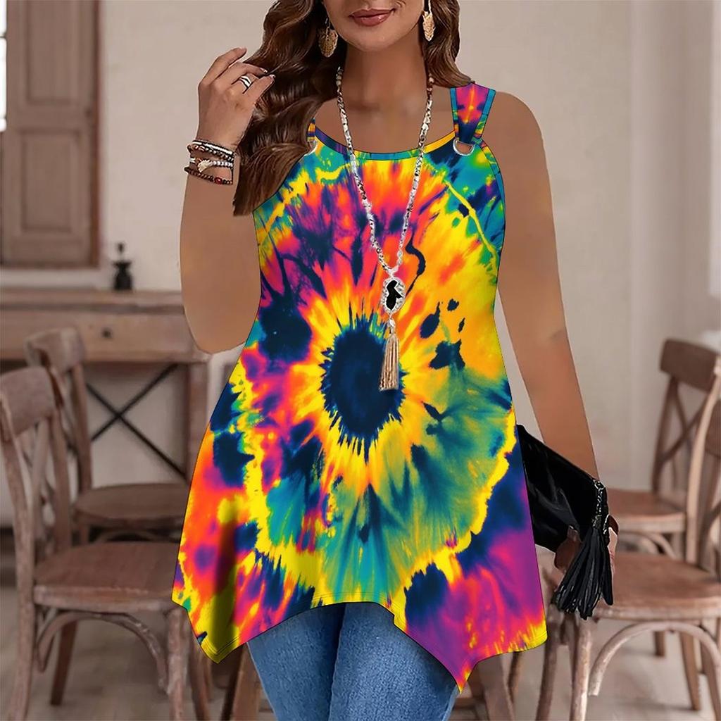 Modische lässige Sport-Doppelring-Weste für Damen, Große Tank-Weste mit Retro-Druckmustern, Unregelmäßiger Saum, Elegant und Schlicht