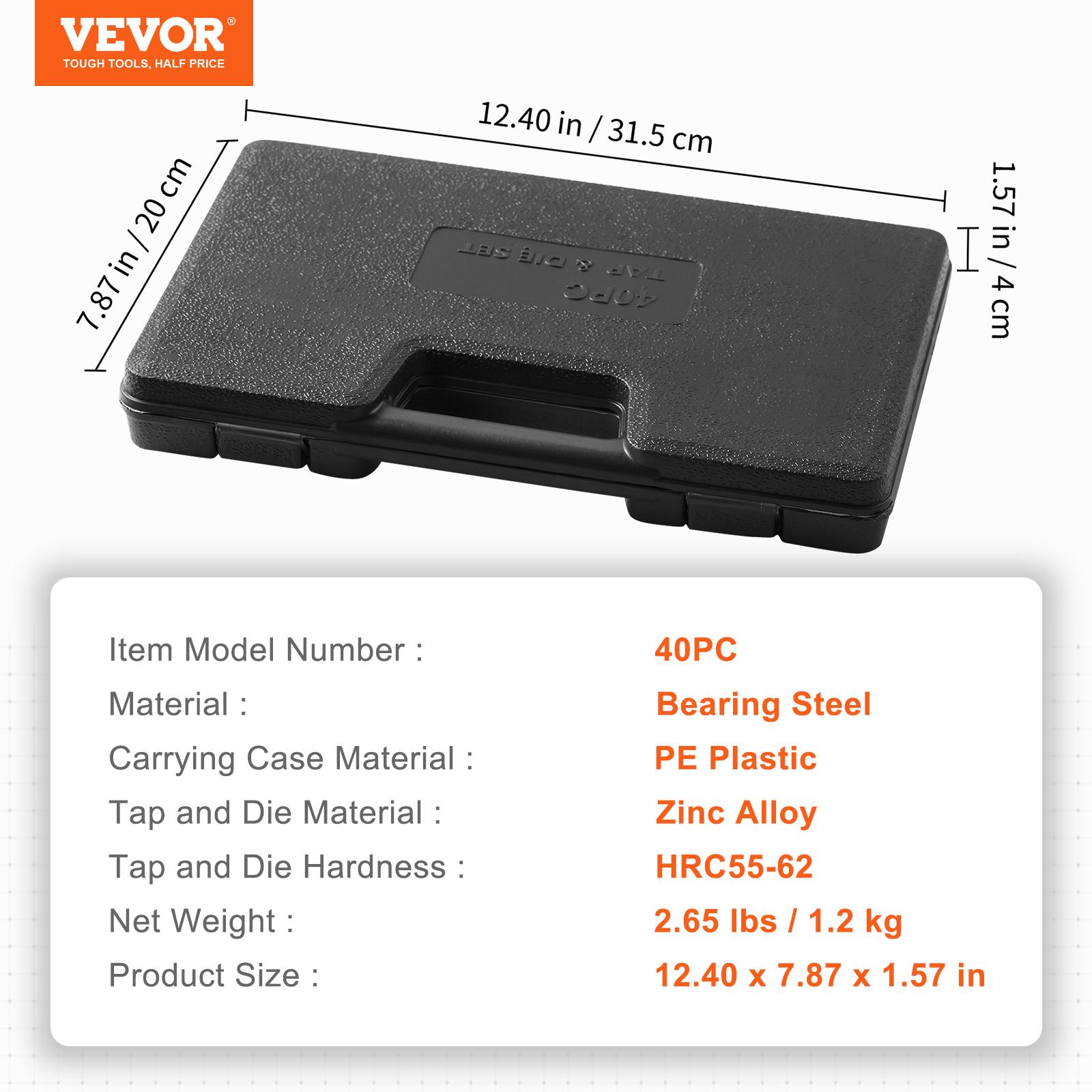 

SucceBuy Tap and Die Set 40PCs 60PCs 80PCs 110/116PCs Metric SAE Standard Bearing Steel Taps and Dies Essential Threading Tool 40 PCs Metric
