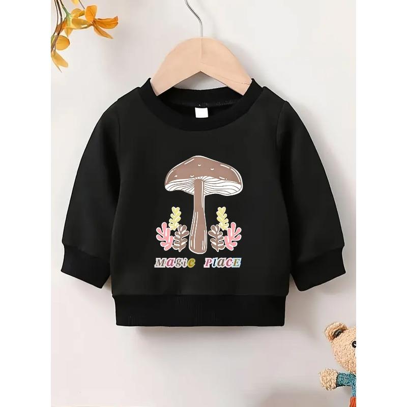European sizes Cute Mushroom Print Kids' Spring Lightweight Round Neck Sweatshirt, Comfortable Outdoor Wear Choice for 0-3 Years Old