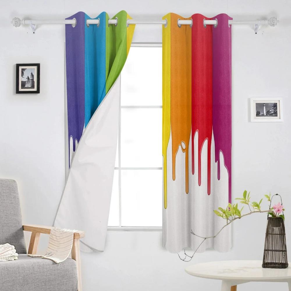 Color Rainbow Red Yellow Blue Paint Window Screen Printed Design Office Indoor Window Curtains Kitchen Curtain Home Cortinas