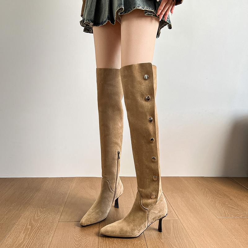 

Высокие рыцарские сапоги женские осенне-зимние французские тонкие каблуки, но ботфорты до колена, ковбойские сапоги с острым носком, новинка 2025 34 хаки