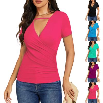 Damesmode Nieuwe Zomer Wrap Top Nekband V-hals Korte Mouw Sexy Kruisplooien T-shirt