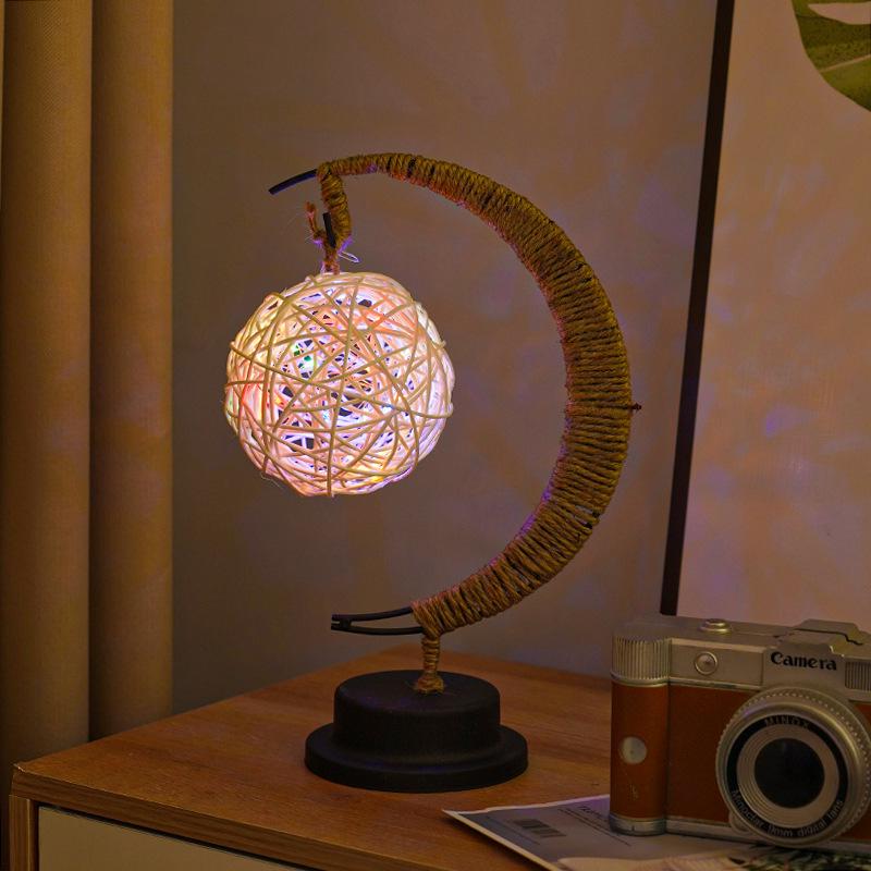 LED Star and Moon Vine Ball Desk Lamp with Hemp Rope and Iron Art - USB Decorative Night Light