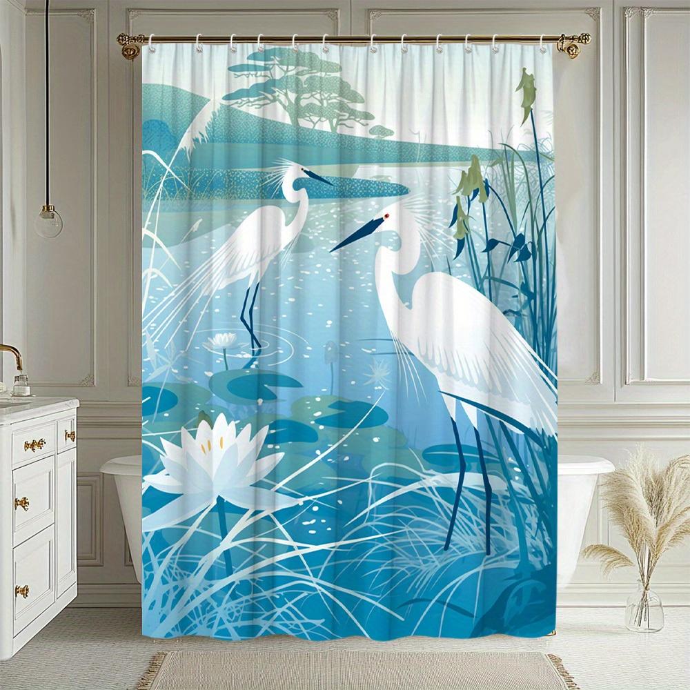 1Pc Natural Scenery Shower Curtain With Egret, Reed, And For Lotus Pattern Bathroom Decor Polyester Fabric Includes 12 Hooks 70.