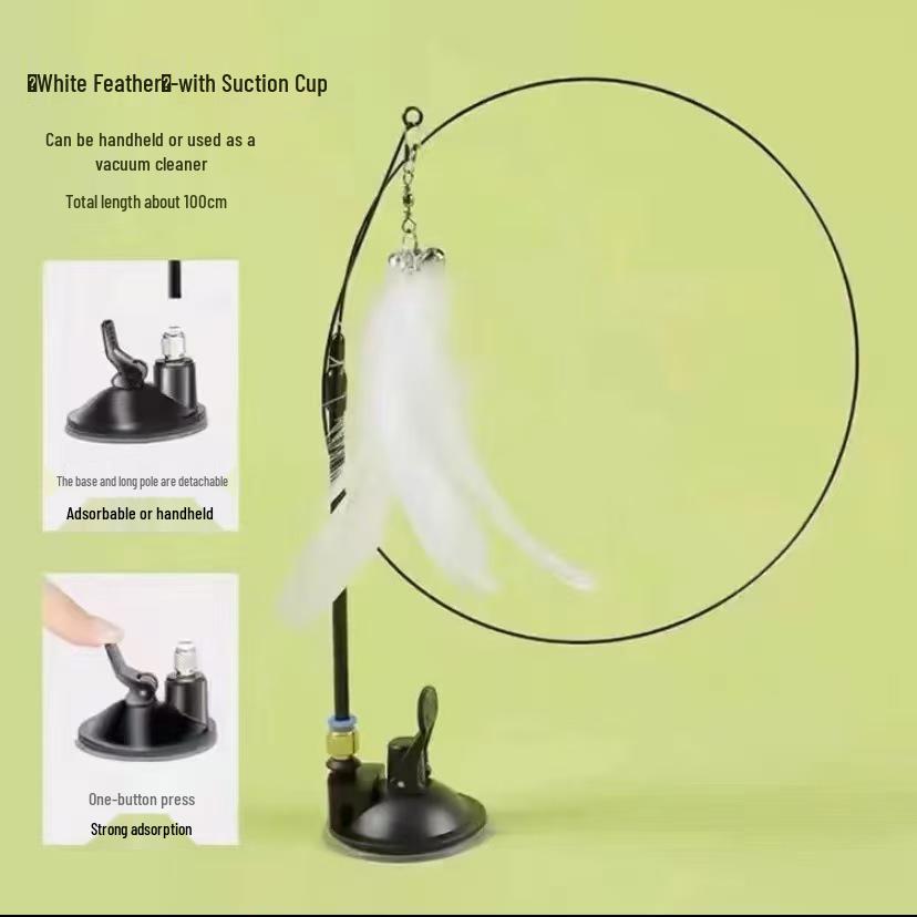 Cat Wand Teaser with Strong Suction Cup, Colorful Feathers, Steel Wire, Long Rod, Durable Design, and Bell for Self-Play