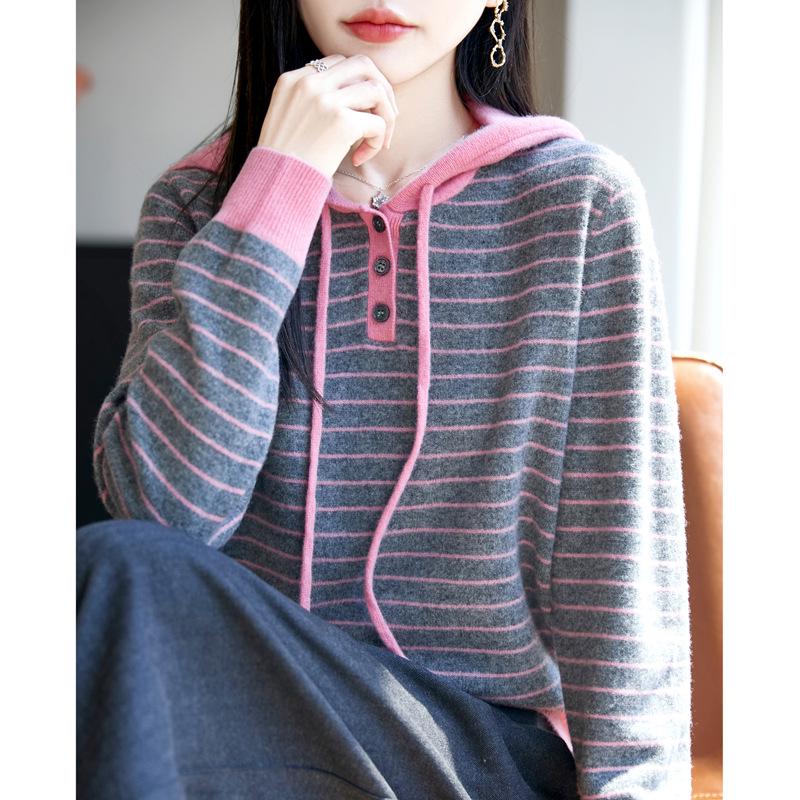 2025 Spring Slimming Striped Hooded Wool Sweater - Casual, Versatile Long-Sleeve Top for Spring and Autumn