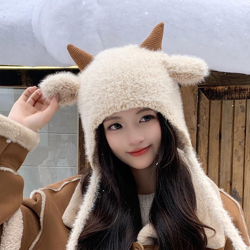 Ladies' Cute Plush Hat Outdoor Warm Knitted Lei Feng Hat Windproof Hoodie