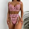 Women's Sexy  Lace Flower Embroidery Underwear Sexy Three-piece Suit With Steel Ring
