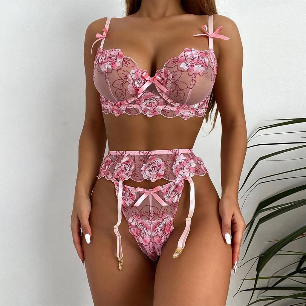 Women's Sexy  Lace Flower Embroidery Underwear Sexy Three-piece Suit With Steel Ring