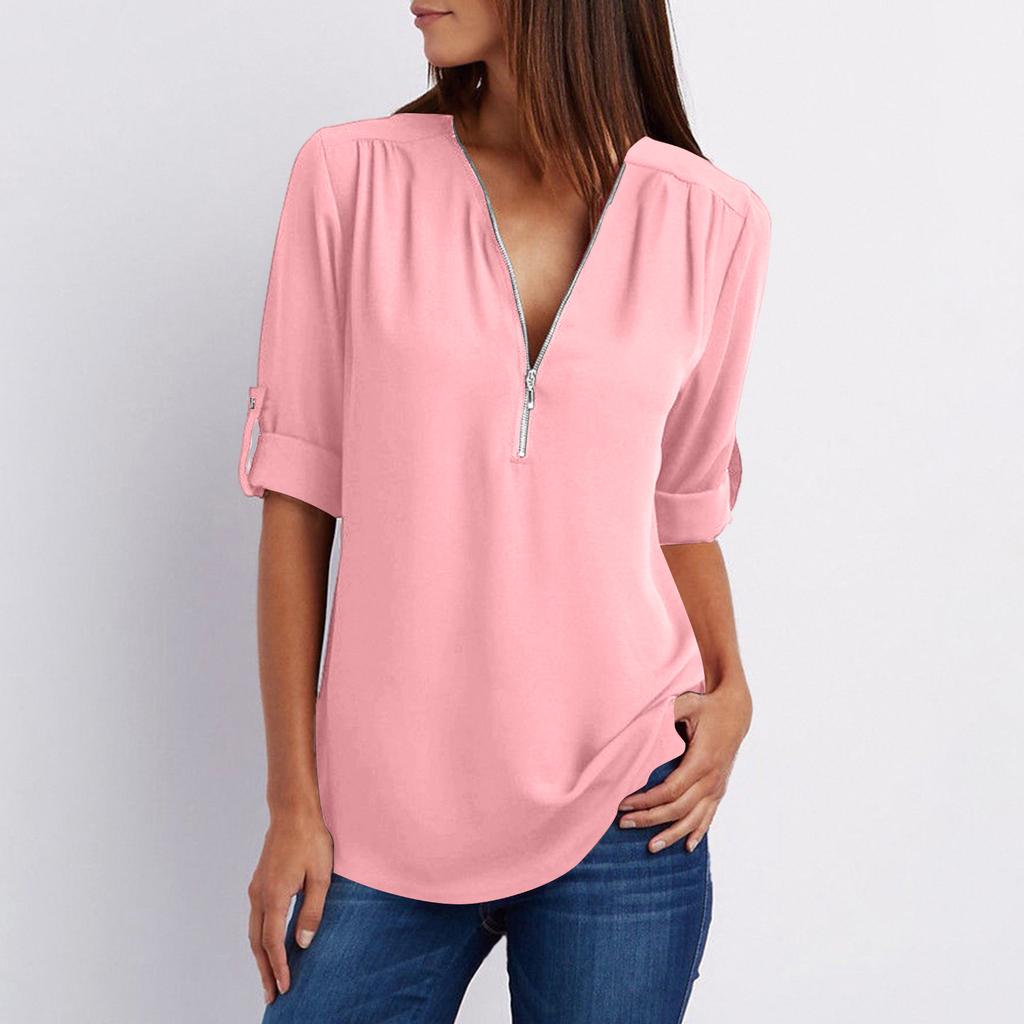 Women's Color Casual Fashion V-neck Zipper Long Sleeved Loose Chiffon Top With Adjustable Sleeves