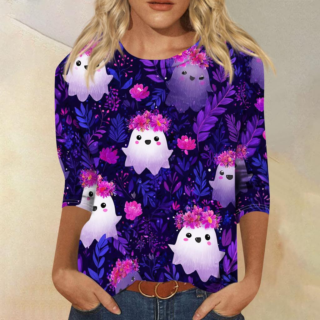 Women's Casual Halloween Print Round Neck Top Three Quarter Sleeve Lightweight Comfortable Street Style Shirt