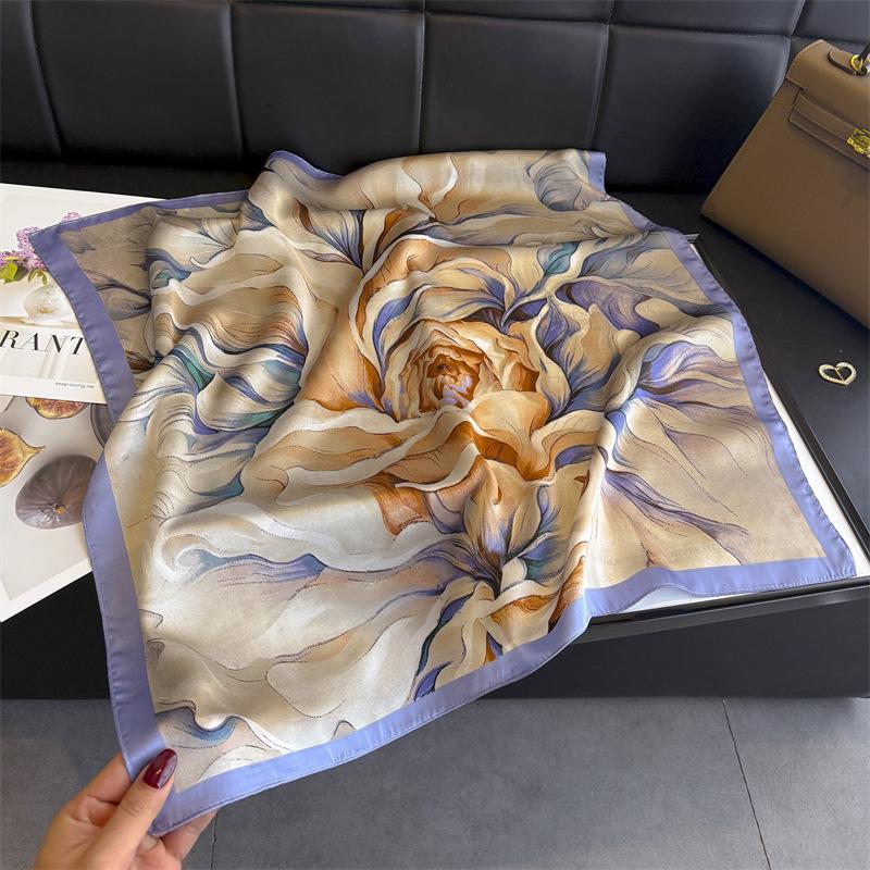 National Style Flower Simulation Silk Printing Women's Silk Scarf Square Scarf Premium Shawl Sunscreen Neck Scarf Headscarf Scarf