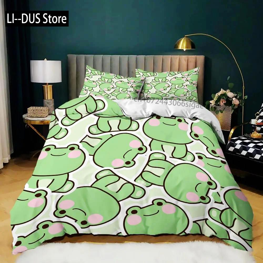 Frosch Bettbezug Set Niedlich Kawaii Cartoon Frosch Muster King Queen Größe Polyester Bettdeckenbezug Mit Kissenbezug Für Kinder Mädchen