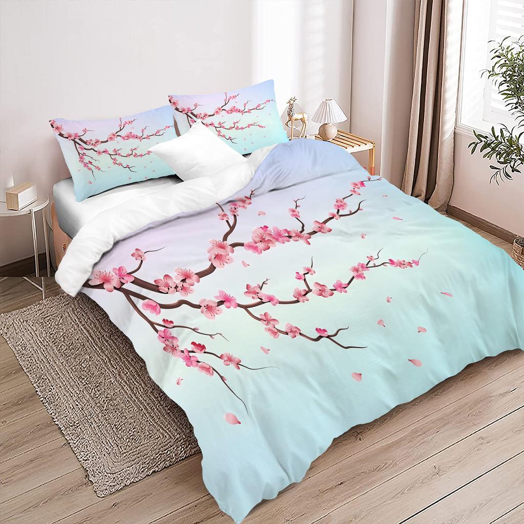 Red Cherry Blossoms 3D Printed Quilt Cover Rustic Floral Style Polyester Duvet Cover Soft Comfortable Bedding Set Pillowcases
