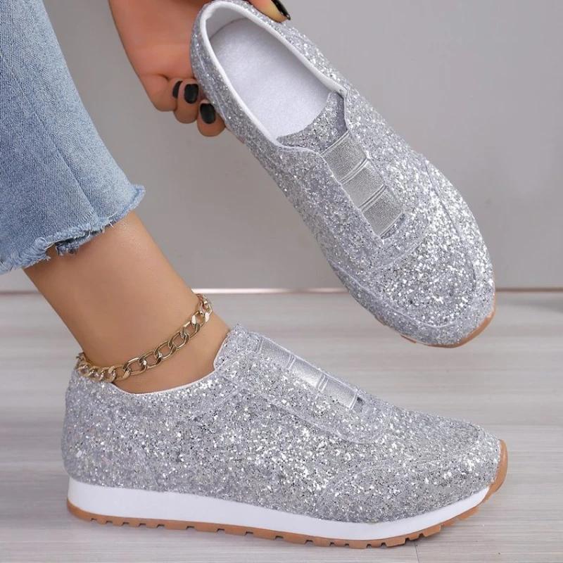 Summer New Women's Shoes Gold and Silver Trendy Sports Shoes Women's Outdoor Casual Walking Shoes, Flat Bottom Plus Size