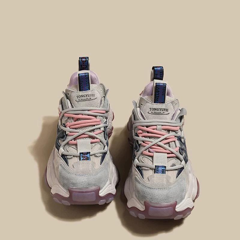 Dad shoes women's pair of shoelaces spring and autumn new color matching heightened platform sports casual shoes