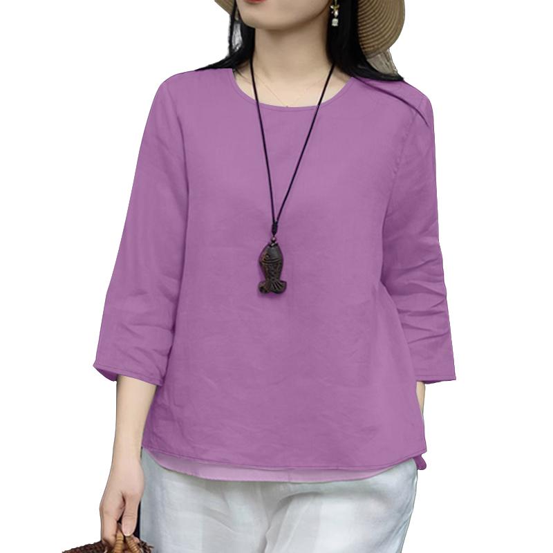 

ZANZEA Женская повседневная блузка из хлопка свободного кроя с круглым вырезом и рукавами 3/4 4XL фиолетовый