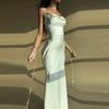 Strap Dress Elegant Style Satin Long Dress Pure Color Stitching Tied Tie Waist Long Silm Sling Dress