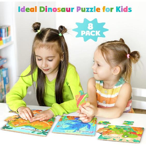 Wooden Puzzles for Toddlers, 8 Pack Dinosaur Jigsaw Puzzles for Kids3-5, 9 Pieces Preschool Learning Activities, Learning & Educational Puzzles, Gift