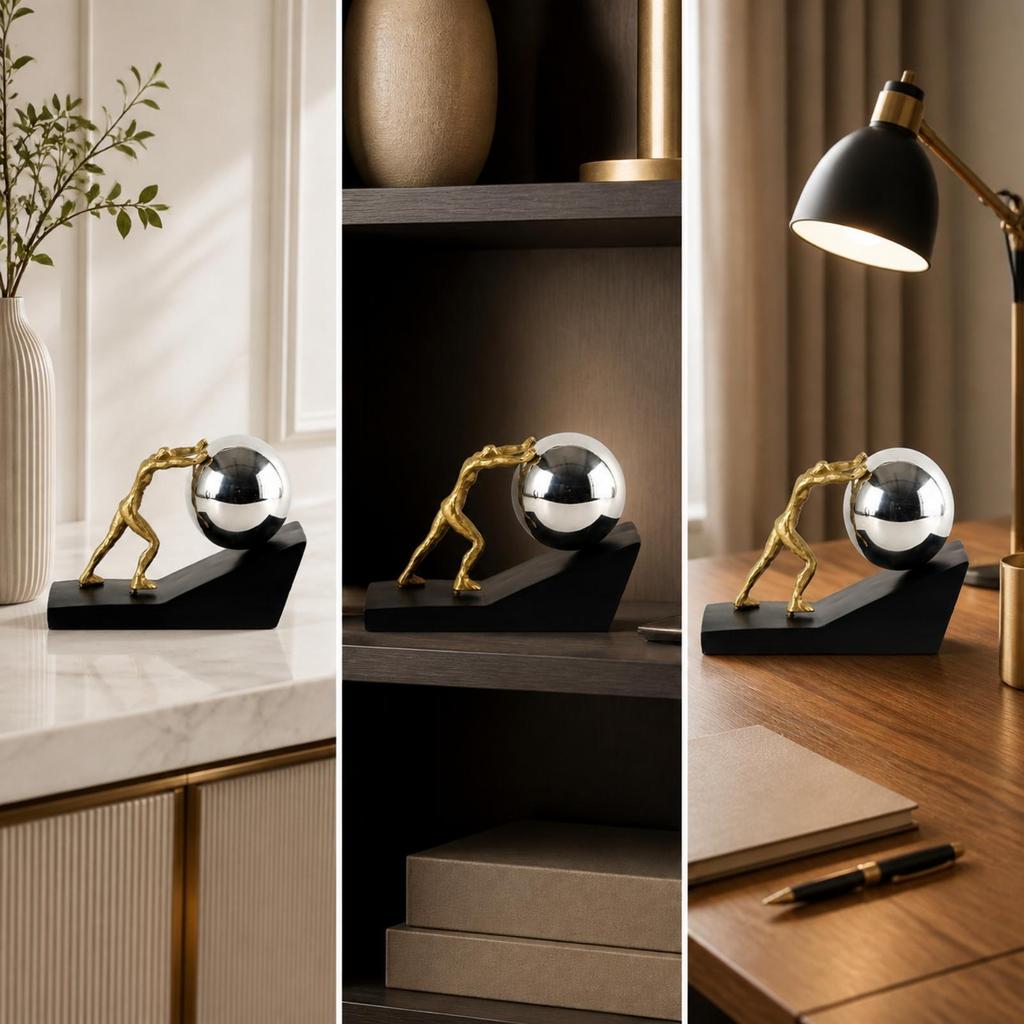 Gold-coloredToned Figurine with Silver Sphere Metal-likeLook for Entryway