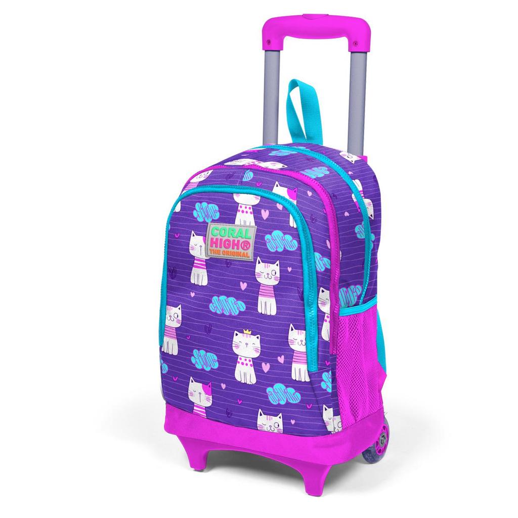 Coral High Kinder Schulrucksack 23360, lila, rosa, mit Katzenmuster, drei Fächer, mit Rakelmuster