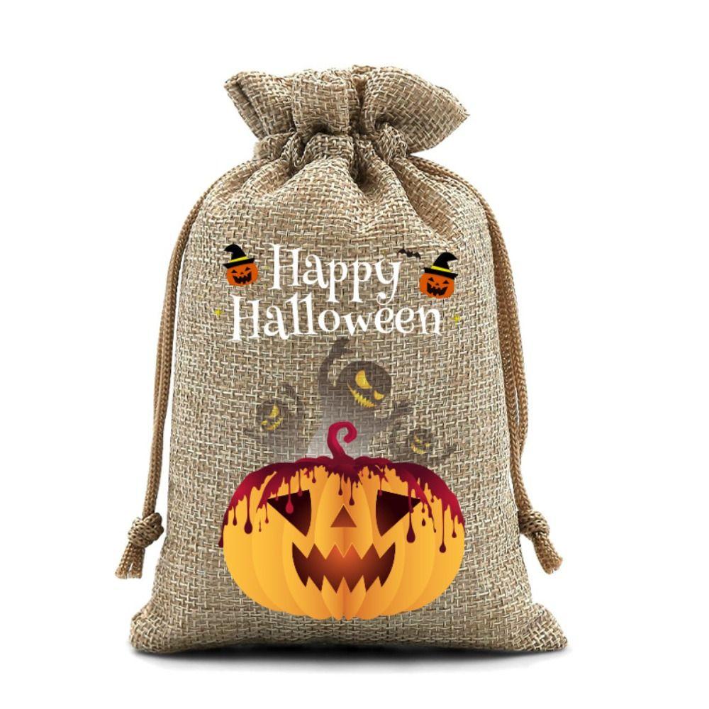 12Pcs Handheld Halloween Linen Drawstring Bags Pumpkin Ghost Pumpkin Sugar Pocket  Snacks