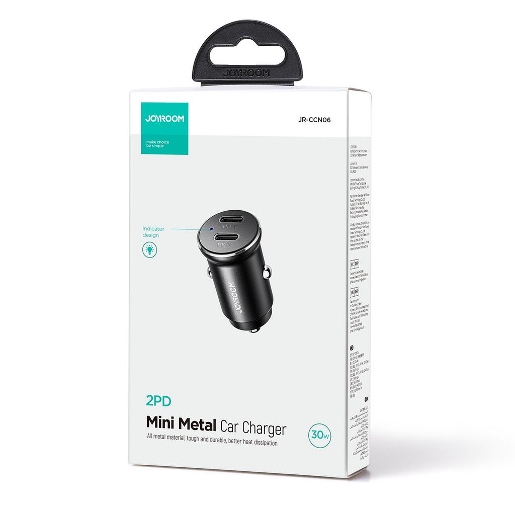Joyroom JR-CCN06 30W Dual USB-C Car Charger – Elegant Black Metal, Space-Saving Design