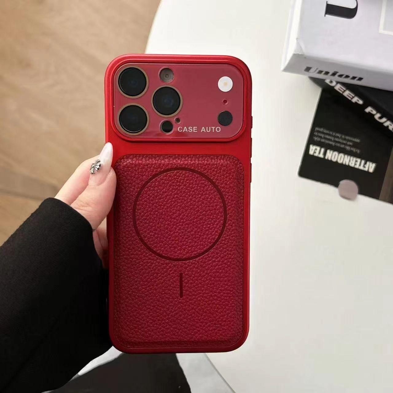 

Lychee Pattern Magnetic Leather Phone Case for iPhone 17 Pro Max: Business Style, Large Window, Anti-slip Design. 16 красный