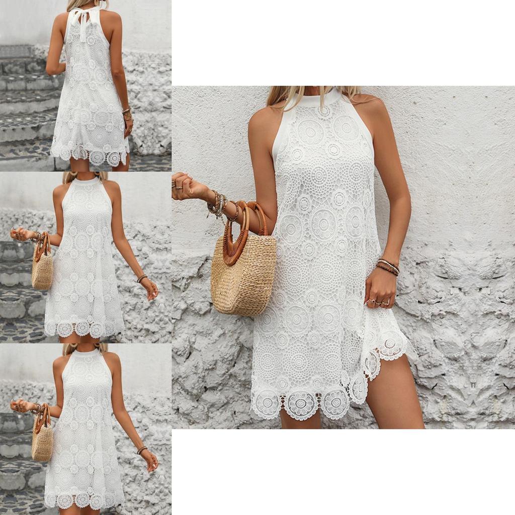 Summer White Polyester Sleeveless Off Shoulder A Line Dress For Women