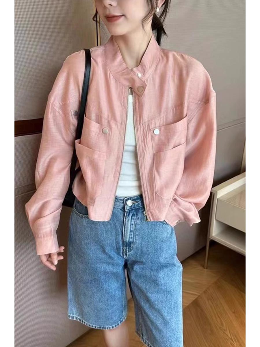 

2025 Корейская Весенне-Летняя Женская Стильная Однотонная Куртка с Защитой от Солнца и Воротником-стойкой Medium розовый