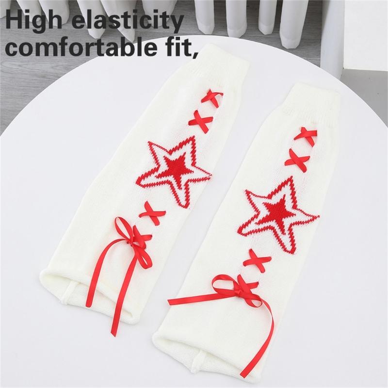Women's Punk Star Pattern Knitted Leg Warmers with Ribbon Bows Flared Boot Covers Knee Length Socks Japanese Streetwear