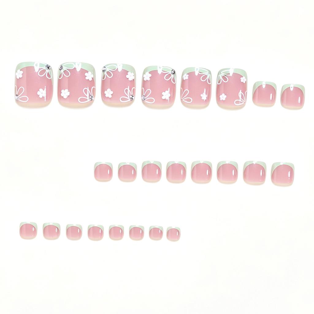 Green French Fake Nails with White Flowers and Rhinestones 24 Pieces ABS Material for Parties Weddings