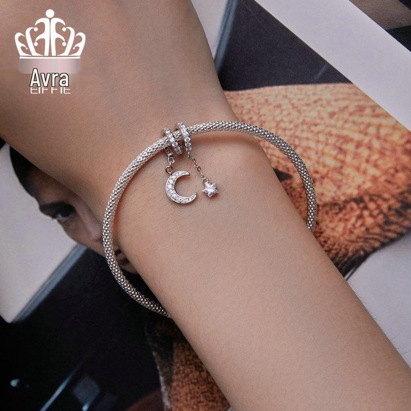 Avle S925 Sterling Silver Moonlight Bracelet with Platinum-Plated Star and Moon Beads