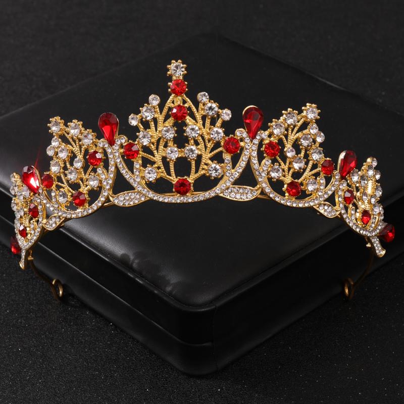 Baroque Red Crystal Tiaras and Crowns Prom Rhinestone Bridal Diadem Crown Taira for Women Wedding Hair Accessories Jewelry Crown