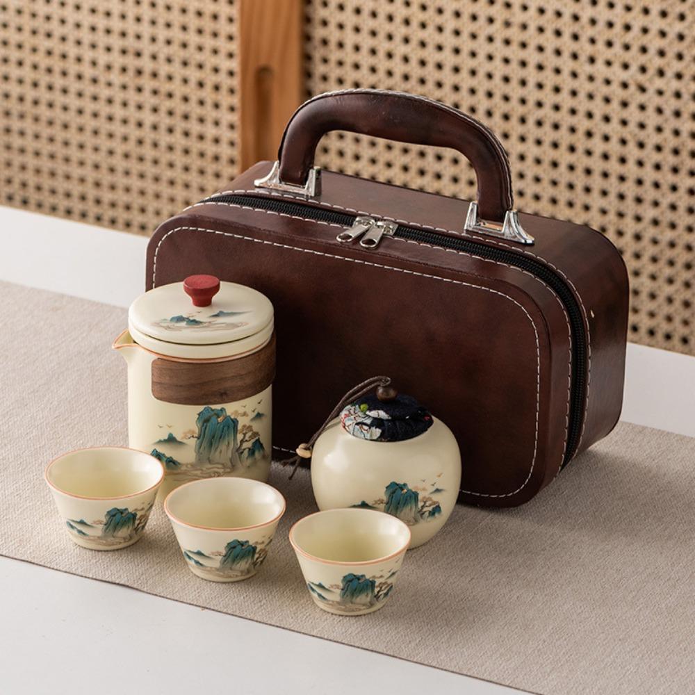 Ru kiln outdoor travel kung fu tea set gift box set high-end Guochao merchandise teacup business gift