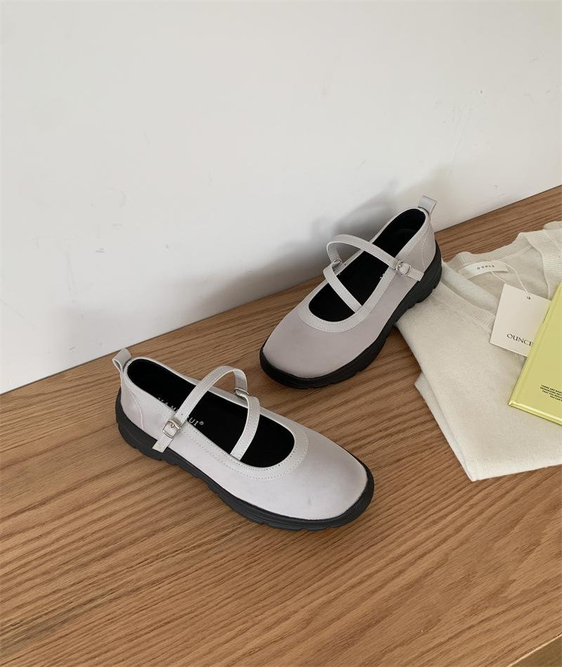 Casual simple single shoes soft sole shallow mouth ballet fashion training shoes one word with Mary Jane shoes leather cloth splicing women's shoes