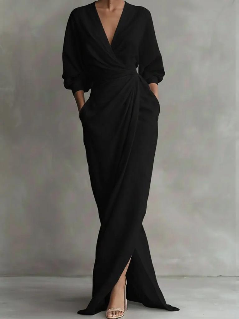 New Elegant Solid Color V-Neck Long Sleeve Ruched Waist Pocket Dress