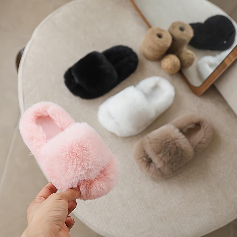 Youngsters' Fashionable Double Strap Indoor Home Slippers - Soft Fabric Slip-Ons with Plush Faux Fur Sole,Round Toe&Lightweight Design for Youngsters