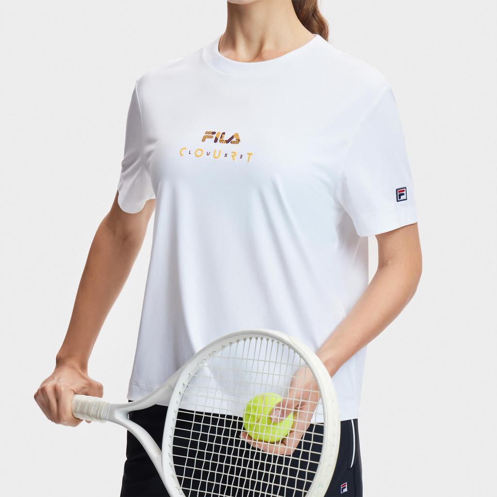 Fila Logo Summer Sports Ice Silk Sun Protection Quick Dry Outdoor Slim Fit Round Neck Short Sleeve T-Shirt Women T-Shirts Bright-White A11W423124FWT