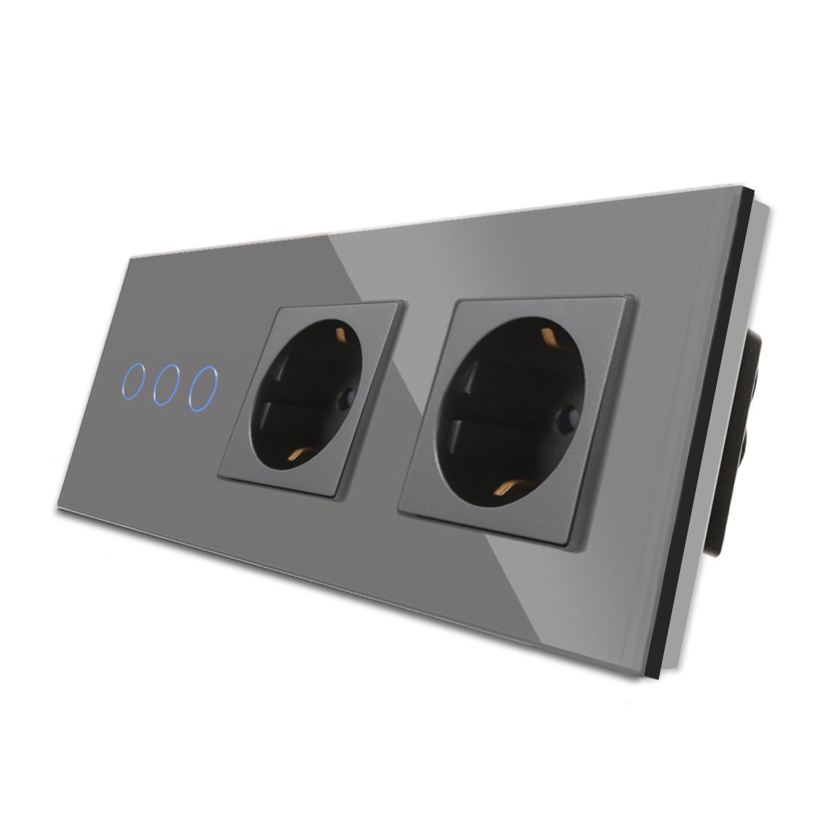 

Сенсорный переключатель со стандартной розеткой ЕС Серая хрустальная стеклянная панель Настенная розетка