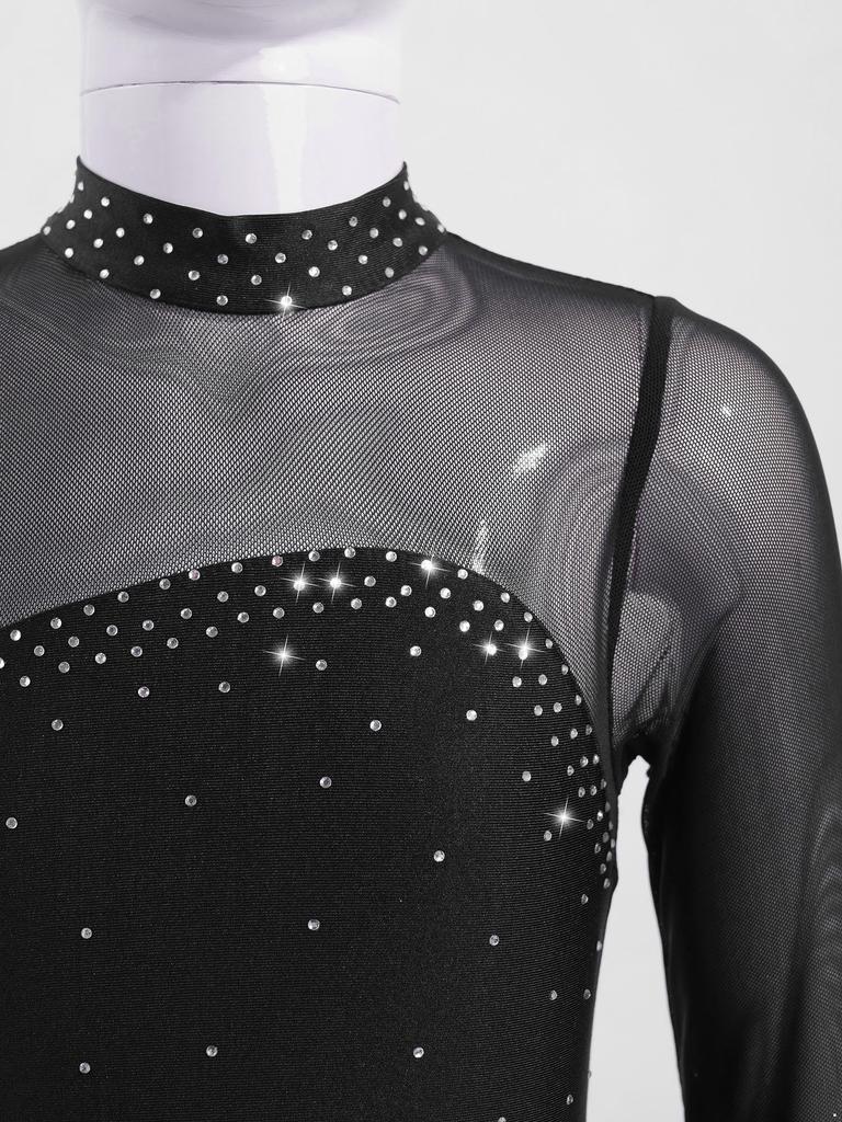Glänzende Strasssteine Tanzleotard für Mädchen Transparente Mesh Lange Ärmel mit Schlüssellochausschnitt am Rücken Eiskunstlauf Ballettkleid