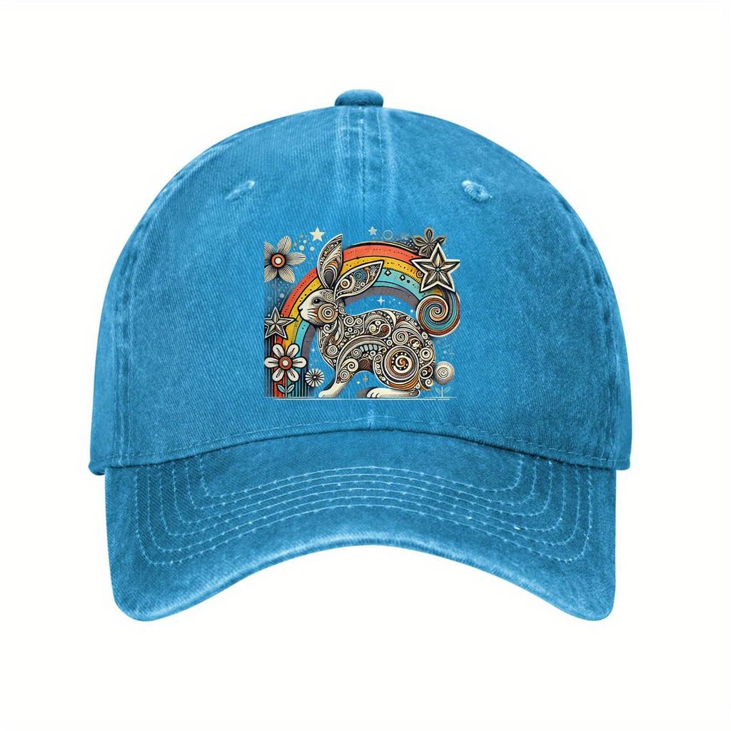 Bohemian Rainbow Bunny Baseball Cap Distressed Cotton Vintage Style Casual Adjustable Hat for Adults