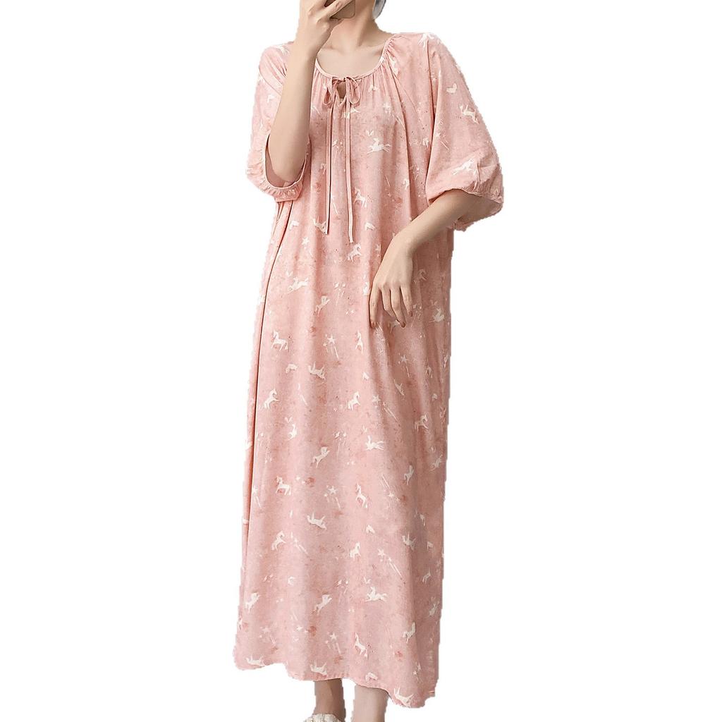 1011 new cotton and silk nightdress women's summer short-sleeved pajamas cartoon pony element long loose cotton silk skirt can be worn outside