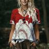 Womens V-Neck Short Sleeve Loose Fit T-Shirt With Floral Lake Scene Cartoon Bun Girl Print 2025 Casual Top