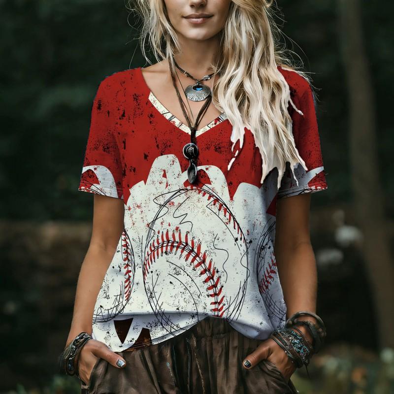 Womens V-Neck Short Sleeve Loose Fit T-Shirt With Floral Lake Scene Cartoon Bun Girl Print 2025 Casual Top