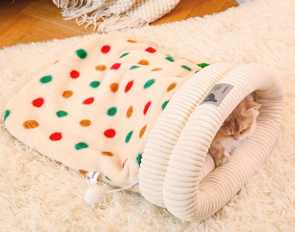 Cat Sleeping Bag Winter Pet Nest Mat Indoor Warm Semienclosed Soft Plush Cat Sack Puppy Kitten Warm Cat Bed