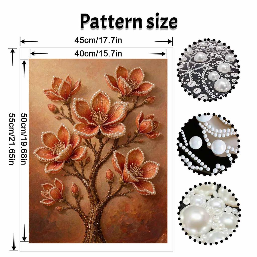 Orange Floral Blossom Magnolia Branch 5D Pearl Painting Kit with Frame DIY Sparkling Bead Canvas Art Relaxing Craft for Girls Room Decor
