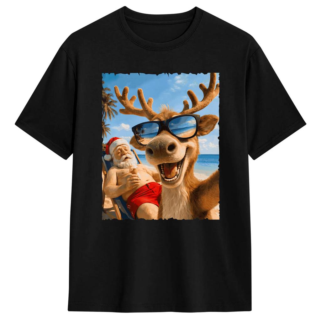 Santa and Reindeer Selfie Funny Beach Christmas in July T-Shirts Leisure Cotton Tees Round Neck Short Sleeve T Shirt Classic