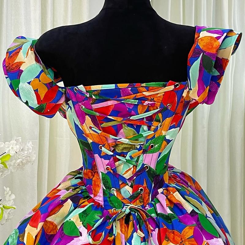 European and American women's clothing summer new temperament slanted shoulder ruffle edge high waist A word medium and long dress